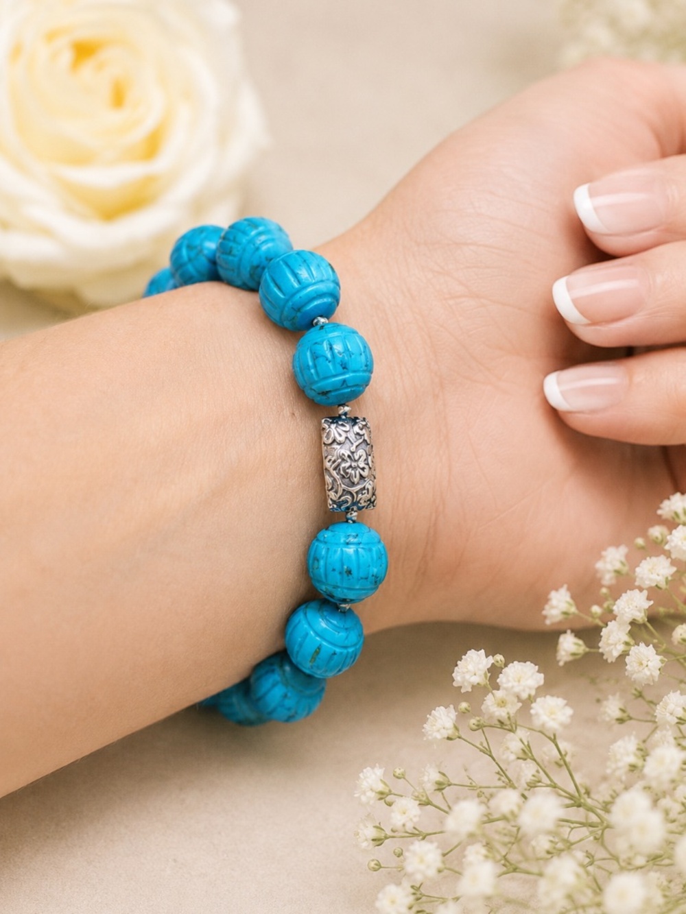 Natural Carved Turquoise Bracelet Handmade Sterling Silver 11th Anniversary